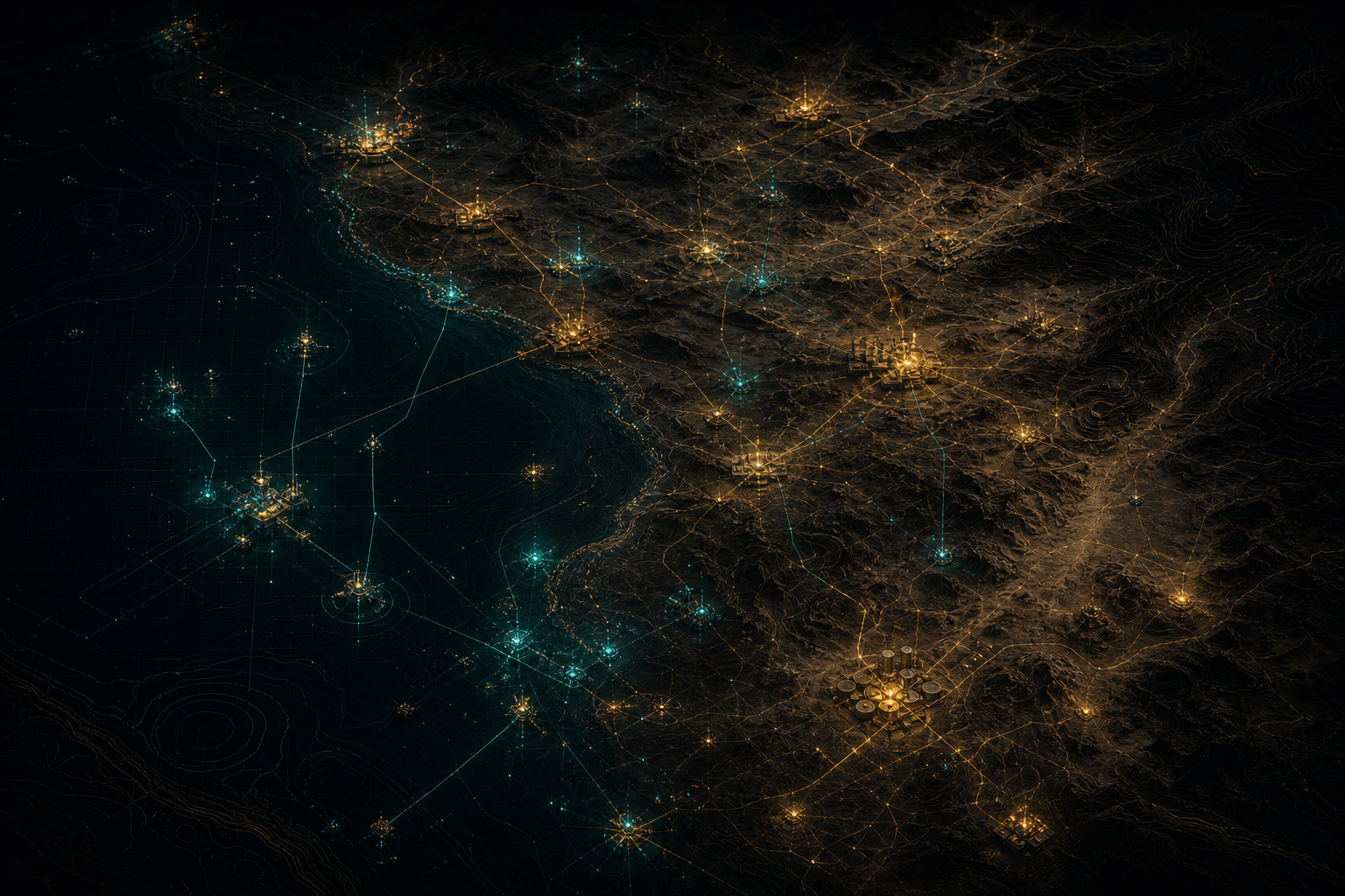 Dark premium topographic energy asset map with gold and teal operational network points